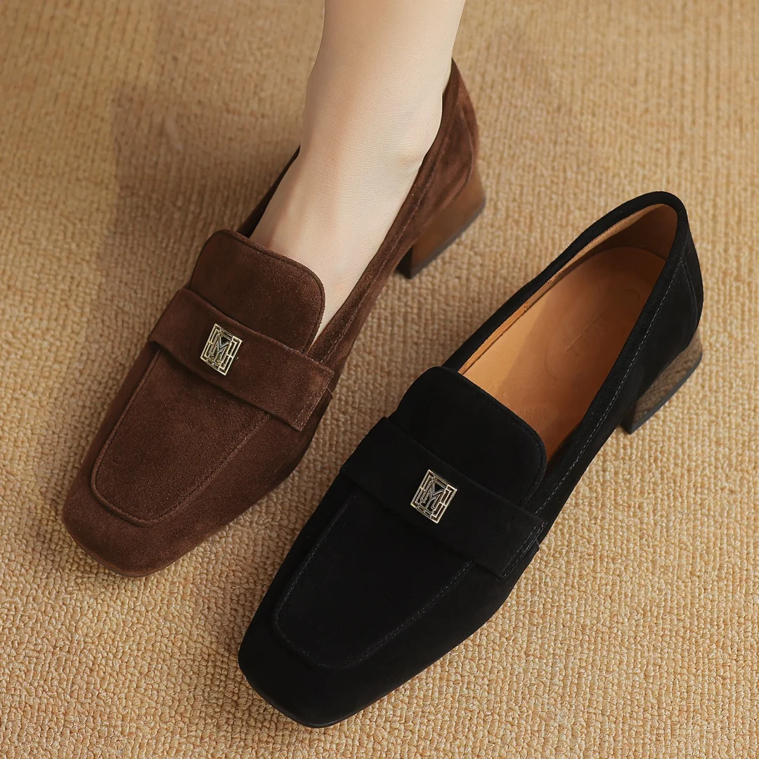 2024 Spring new women\'s natural suede leather square toe slip-on flats loafers high quality soft comfortable female moccasins 42