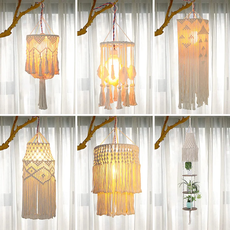 Woven Tapestry Lampshade Boho Style Macrame Hanging Lamp Cover Ceiling Pendant Light Household Bedroom Chandeliers Decor