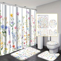 4 Piece Colorful Floral Shower Curtain Set, Modern Home Bathroom Decorative Curtains and Toilet Floor Mats with Hooks