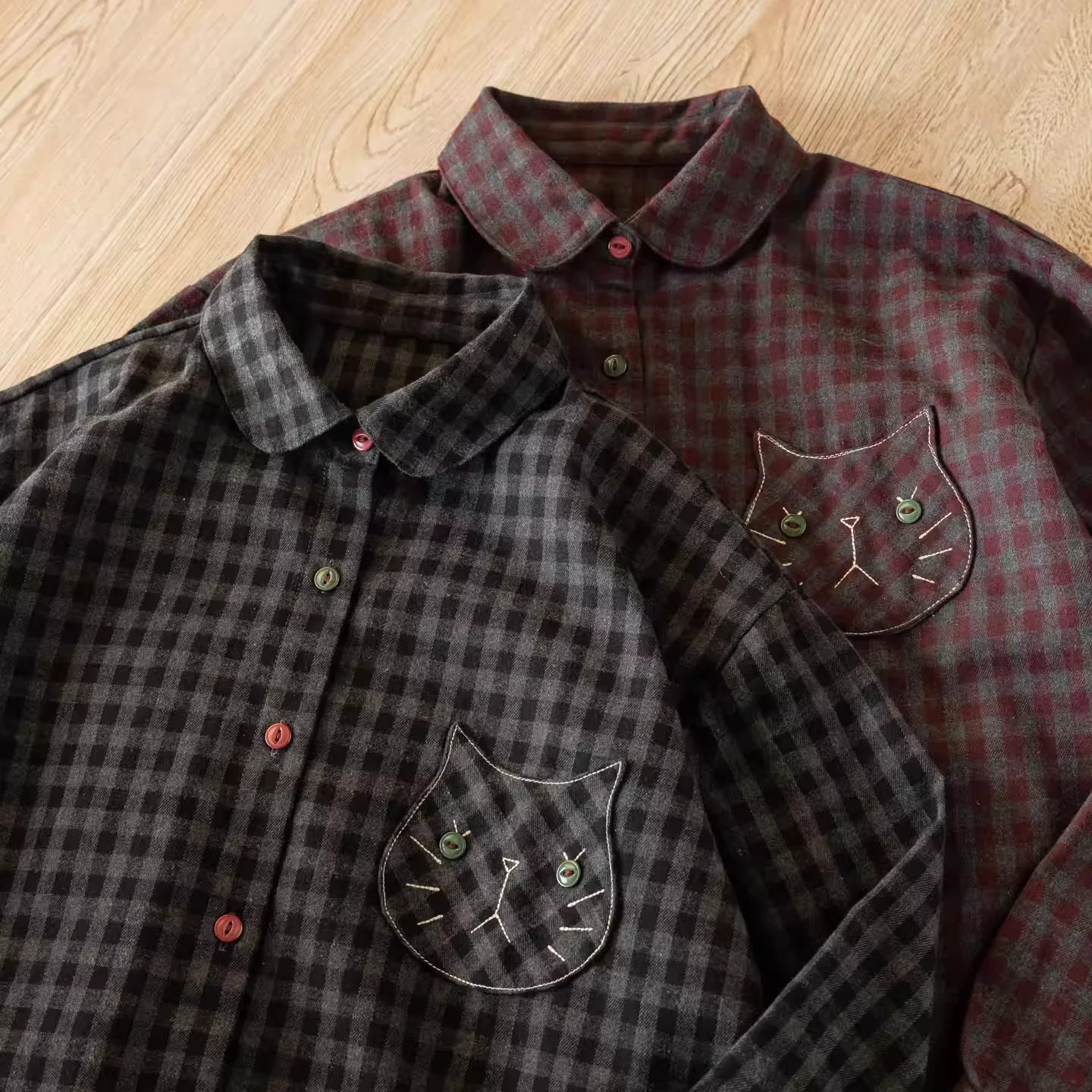 2026 Mori girl Japan style winter cartoon cat embroidery patch checkered shirts brushed cotton thicken women's paid shirt