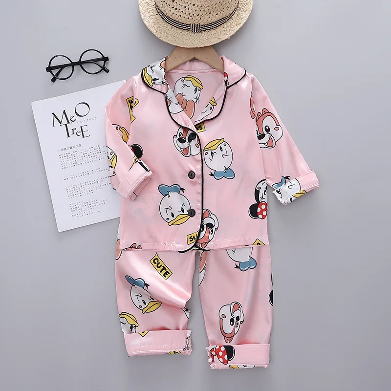 Disney Mickey Mouse Children Pajamas Suit Silk Satin Long Sleeve Top+Trousers 2Pcs Baby Boys Girls Cartoon Satin Set Nightgown