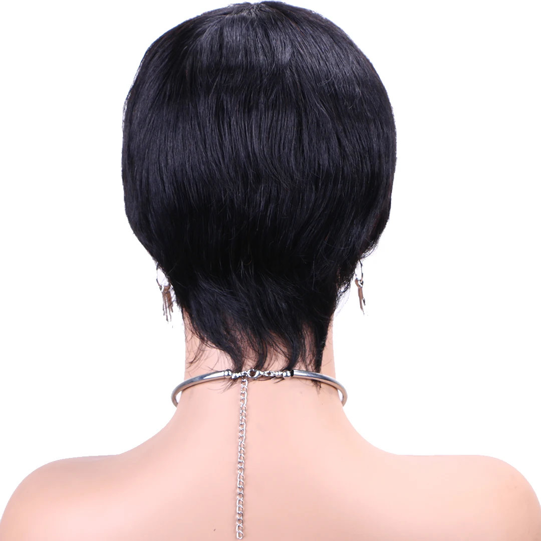 Pixie Cut 100% wig rambut manusia Remy wig rambut lurus asli hitam pendek dengan poni mekanisme penuh wig rambut manusia untuk wanita Afro