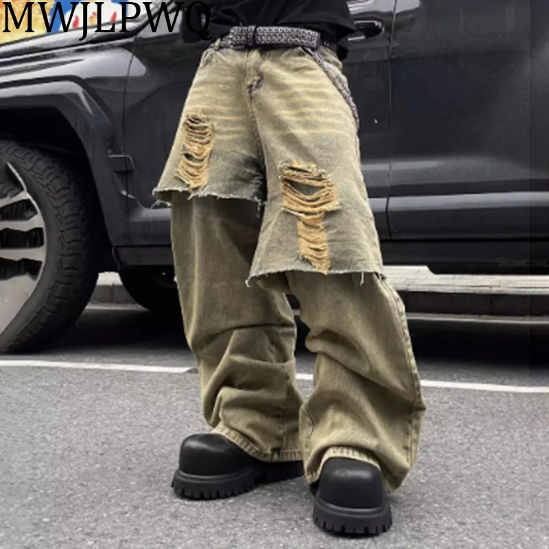 

MWJQ Fake Two Piece Y2K Hole Jeans Men's Wide Leg Pants Mud Dyed Spliced Niche Design Distress Washed Loose Denim Trouser 010433
