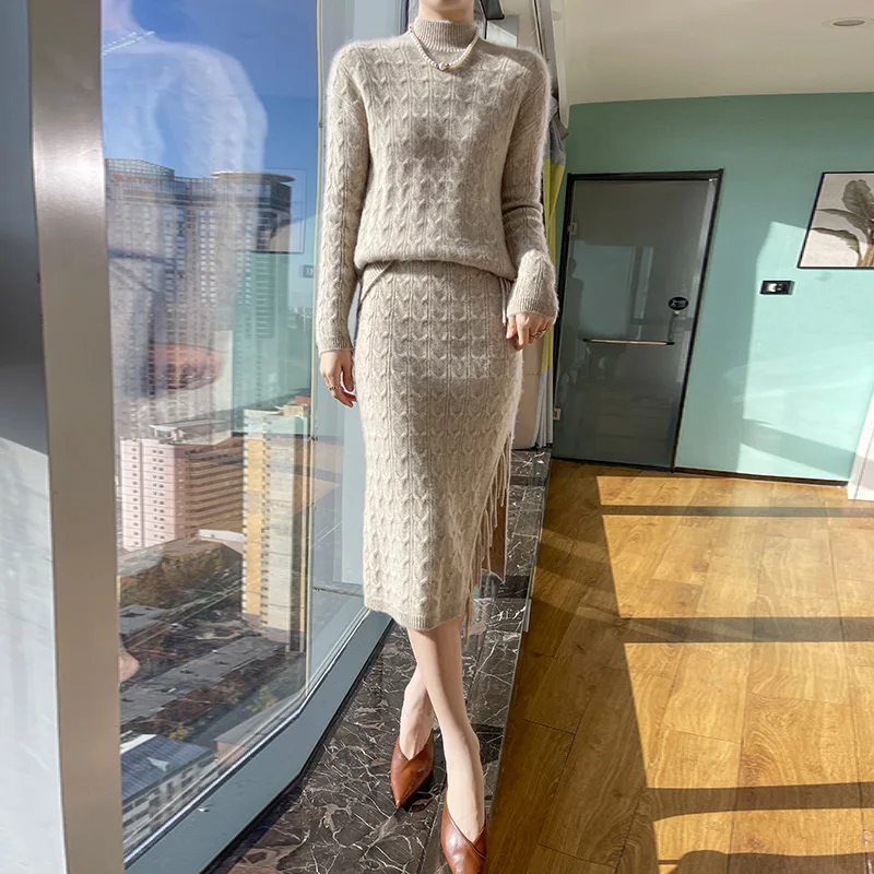 Elegant and Intellectual Women\'s Clothing Pure Wool Sweater Skirt Two-Piece Half Turtleneck Knitted Jumper Fashion Fringe Skirt