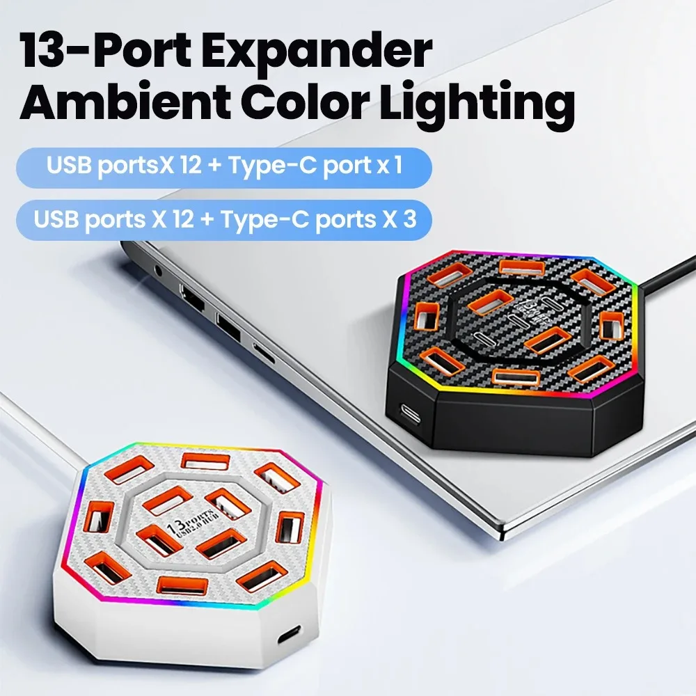

13-in-1 USB Hub Colorful RGB Light Multi Port USB C Expander For PC Notebook