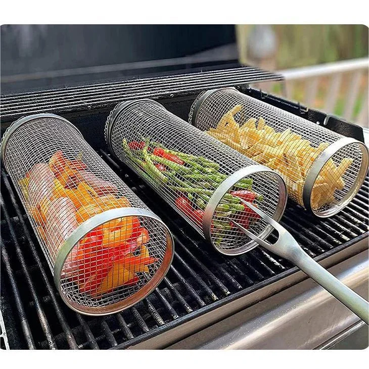 Stainless Steel BBQ Grill Cylinder for Outdoor BBQ - Rolling Grill Cage, Cylindrical Grill Basket for Roasting Meats