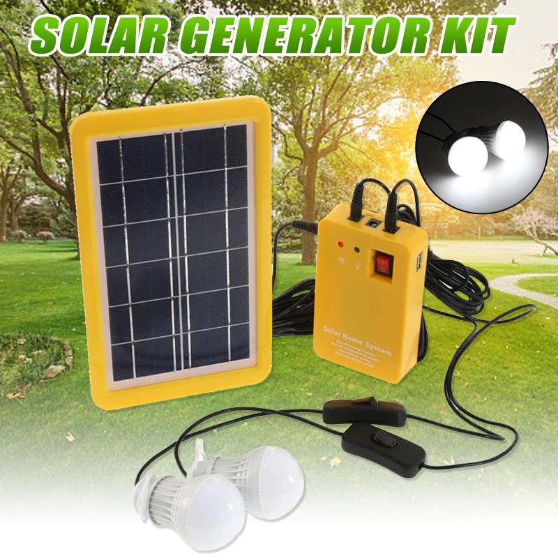 3W Solar Panel Emergency Light Kit, Solar Generator 4 Heads USB Charger Cable with 2 LED Light Bulb for Outdoor Camping image 2