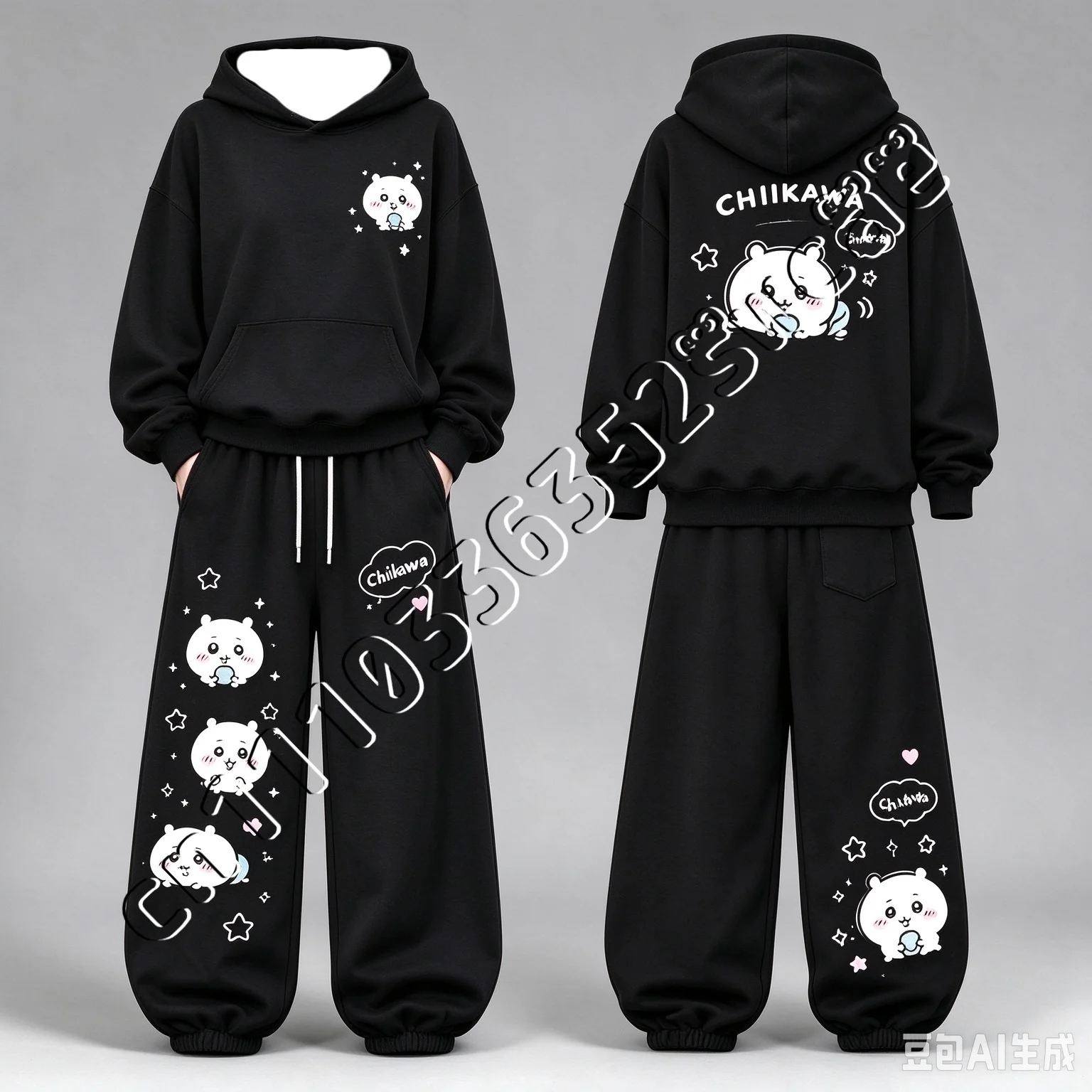 26/27 Neuer Chiikawa Niedlicher Cartoon-Print Hoodie Trainingsanzug Fan-Kollektion Herbst Winter Unisex Lässiges 2-Teiliges Outfit Familien-Matching – Detail 7