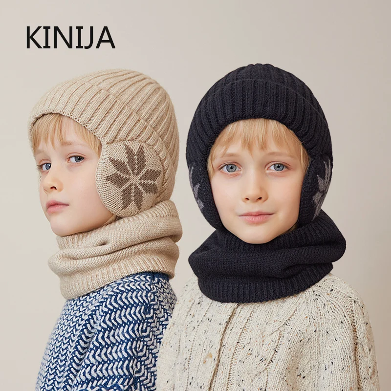 2Pcs Knitted Children Winter Hat Scarf Fleece Lining Ears Protection Beanie Hat Neck Warmer Warm Child Boy Cap official website