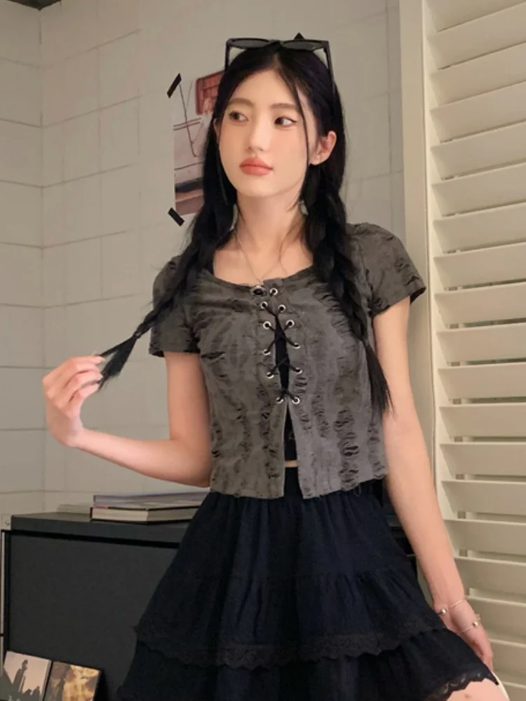 Retro ey Hollow out ort Sve Dames Inner Wear Strap Design Dstring Belt Top Tweedelige set Faionable Casual Wear