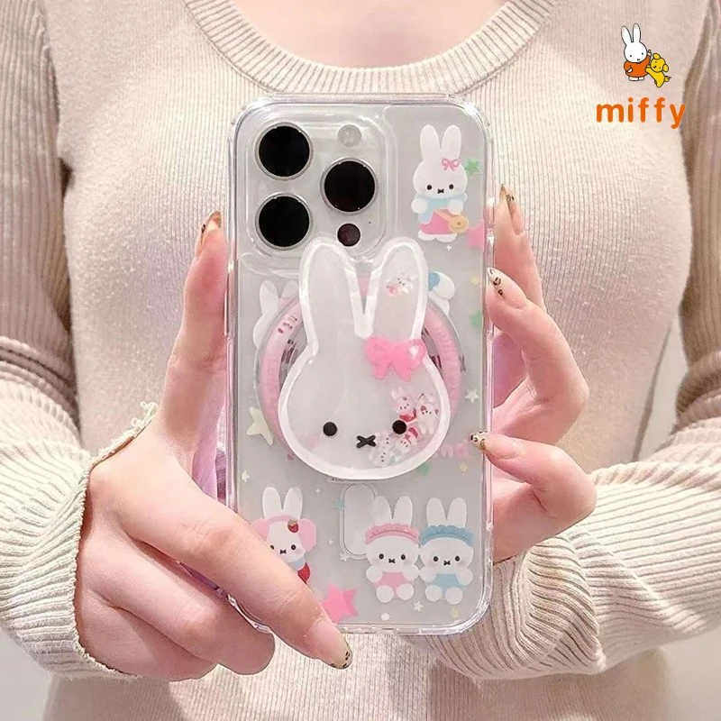 Cute Miffy Phone Shell Suitable for Iphone 17 16 15 14 Bowknot Rabbit  Magnetic Stand Transparent Anti Drop Phone Case Girl Gift