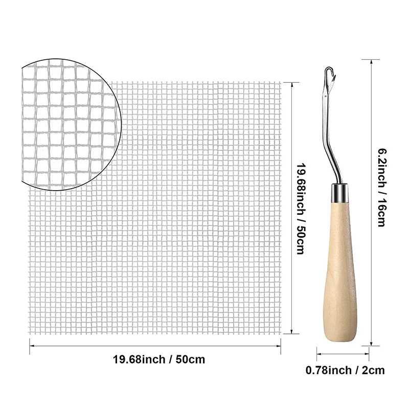 ABGE-2Pcs Blank Rug Hooking Mesh Latch Hook Canvas Kit With 2 Pcs Wooden Bent Crochets For DIY Rug Tapestry (19X19 Inch)
