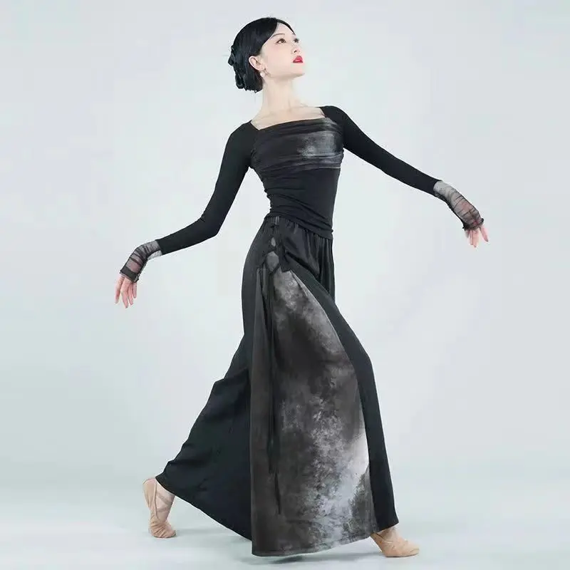 Modern Dance Classical Dance Mesh Ruffles Top Performance  Practice Costume Yoga Flowing Black Tie-dye Cheongsam Wide Leg Pants