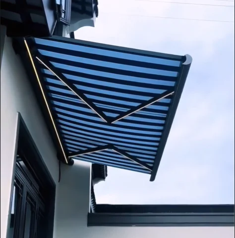 White Motorized Retractable Outdoor Patio Awning LED Light Rainproof Window Sun Shade Shelter PVC Sail Via Remote Control