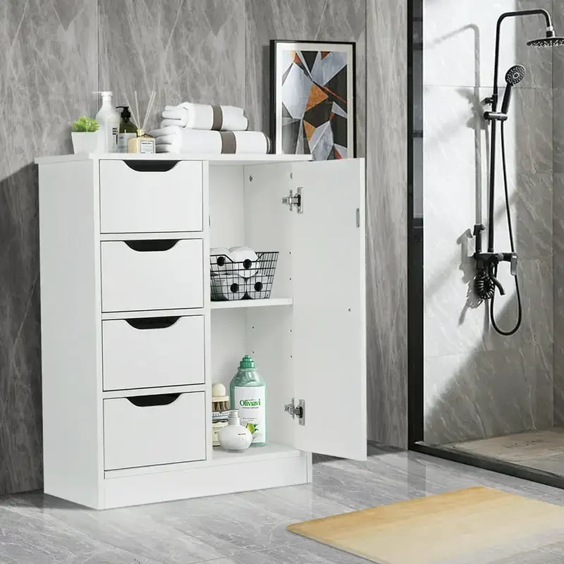 

Bathroom Floor Cabinet Free Standing Cabinet Storage Organizer with 4 Drawers and 1 Cupboard Adjustable Shelf White