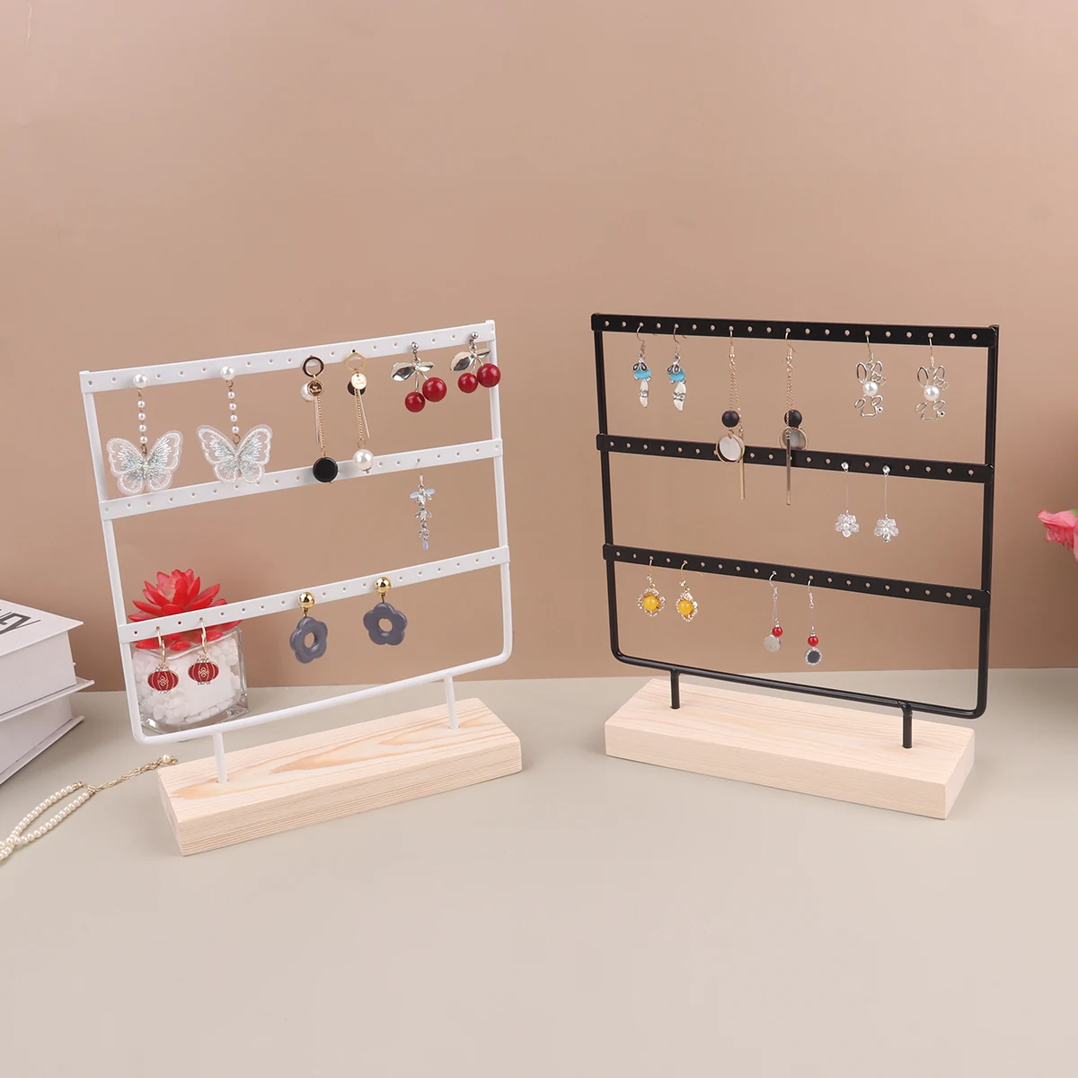 57 Holes Stand Jewelry Display Organizer Earrings Pendants Bracelets Jewelry Holder With Wooden Base Earrings Storage Rack