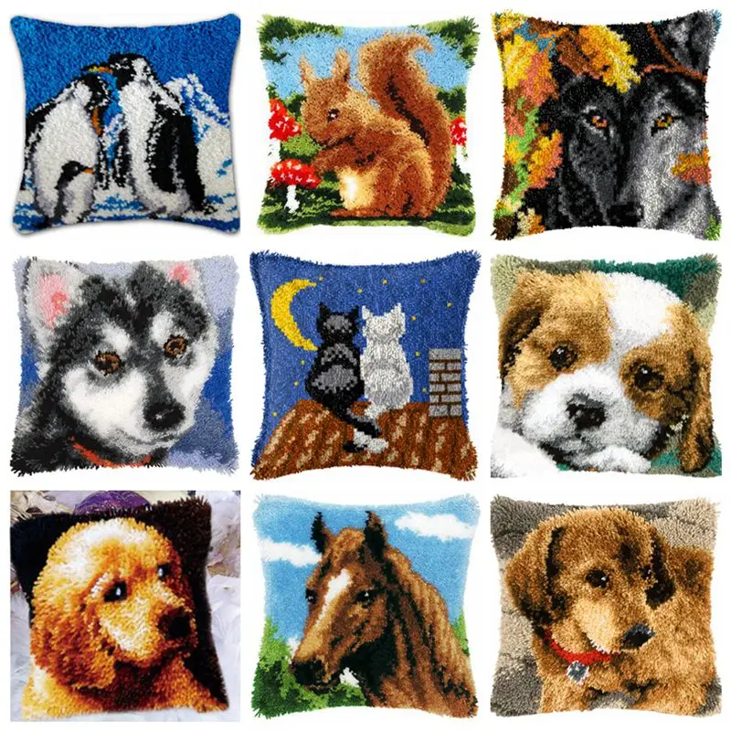 Animal Throw Pillow Latch Hook DIY Cushion Smyrna Button Package Embroidery Pillow Foamiran For Needlework Pillow Embroidery Set