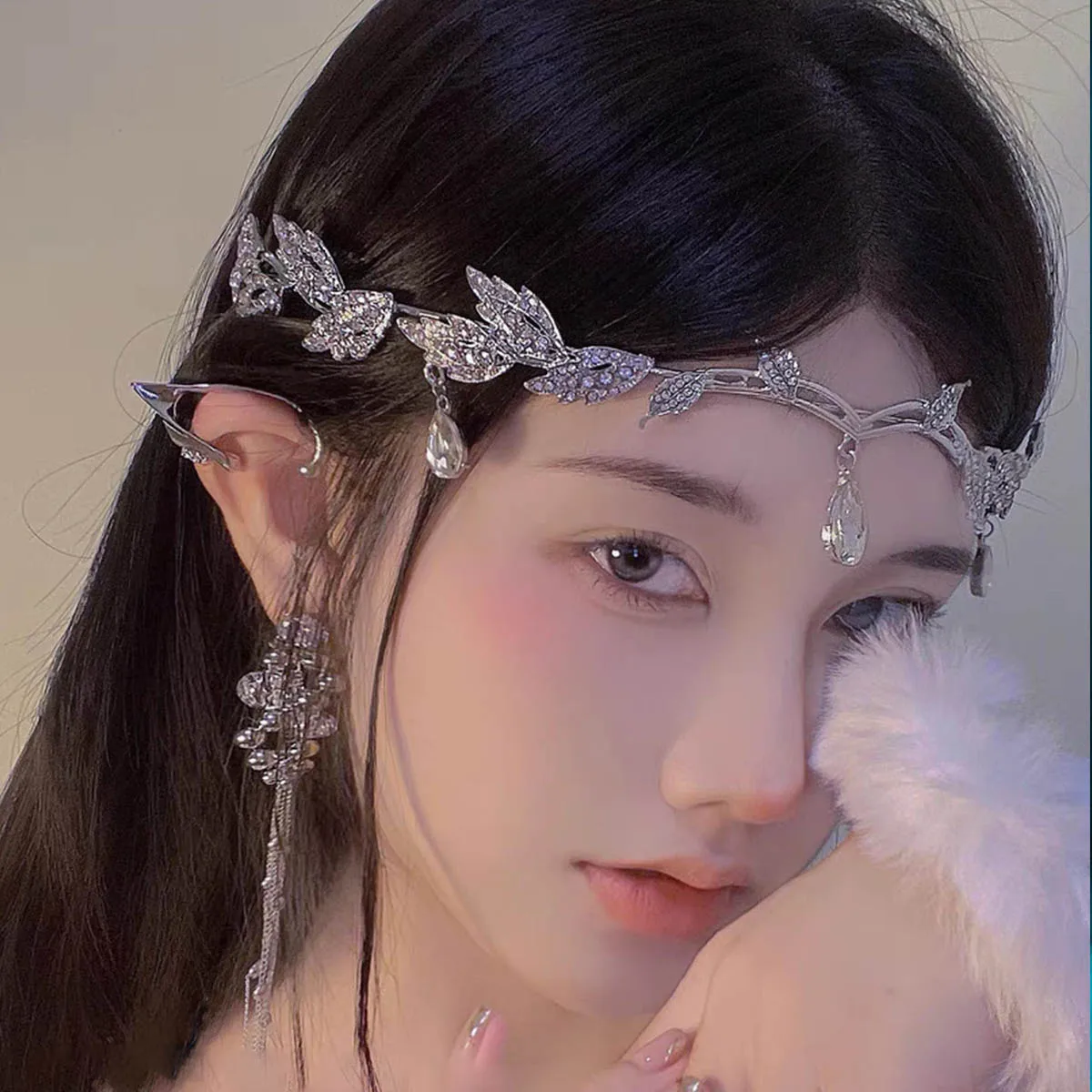 1 pieza de diadema ligera de lujo con diamantes de imitación en forma de hoja de elfo del bosque retro adecuada para fiestas, reuniones, bodas y novias