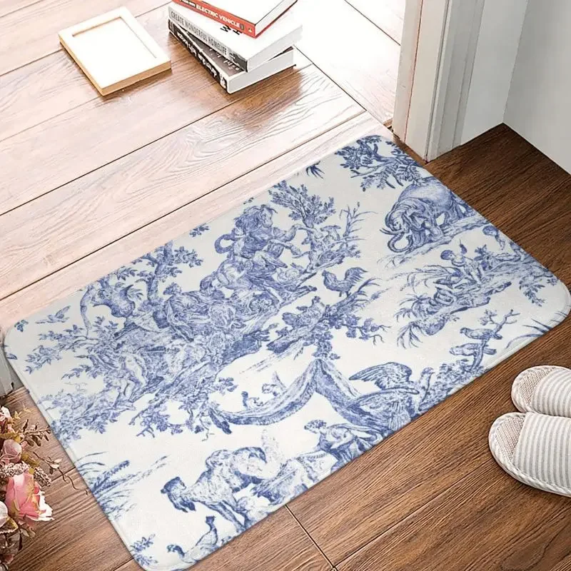 Navy Blue Toile De Jouy Doormat Non-Slip Bathroom Kitchen Mat Garden Garage Door Floor Entrance Carpet Rug