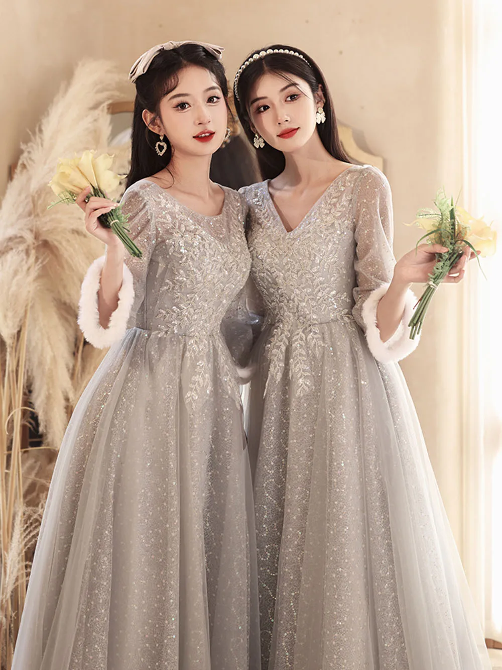 4 Styles Grey Tulle Bridesmaid Dress Women's Elegant Sequins V-Neck Puff Plush Edge Sleeves Lace Up Birthday Party Vestido