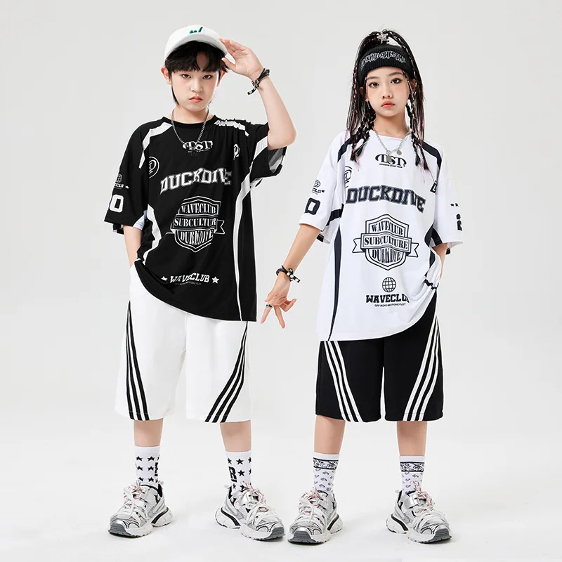 Fashion Hip Hop Dance Costumes for Boys Summer Girls Letter Short Sleeve T-shirt Wide Leg Pants Street Wear Kids Jazz Clothing