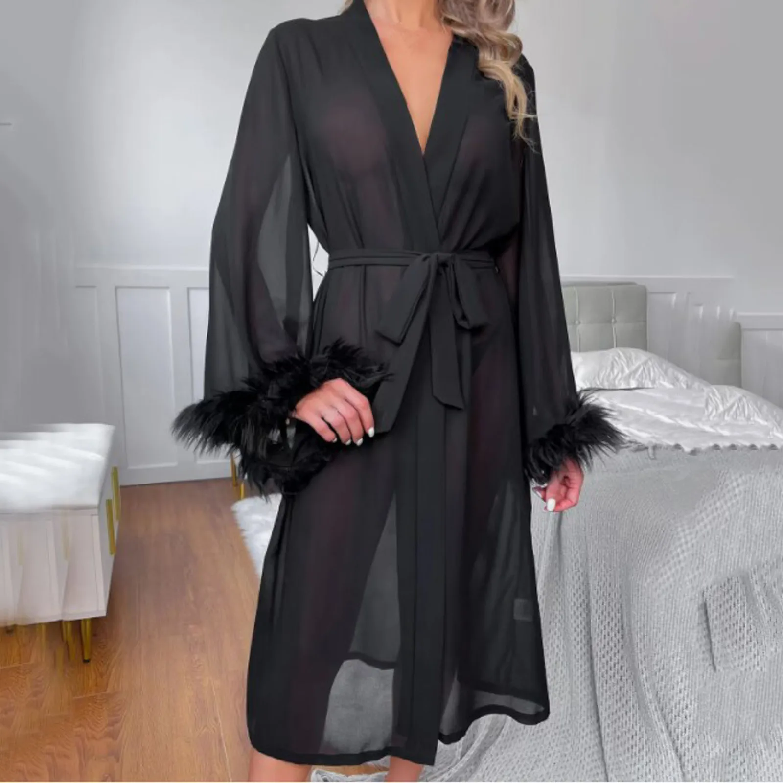 Women Fashion Bathrobe Lacing Up Sexy Lingerie Tulle Underwear Dress Floor Length Maxi Dressing Gown Robes Feather Long Robe