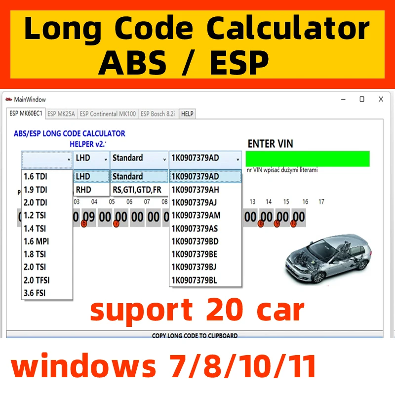 

2025 HOT! VW ABS ESP Long Code Calculator Helper MK60EC1 ABS ESP Long Code Calculator software+ unlimited install+ install vide