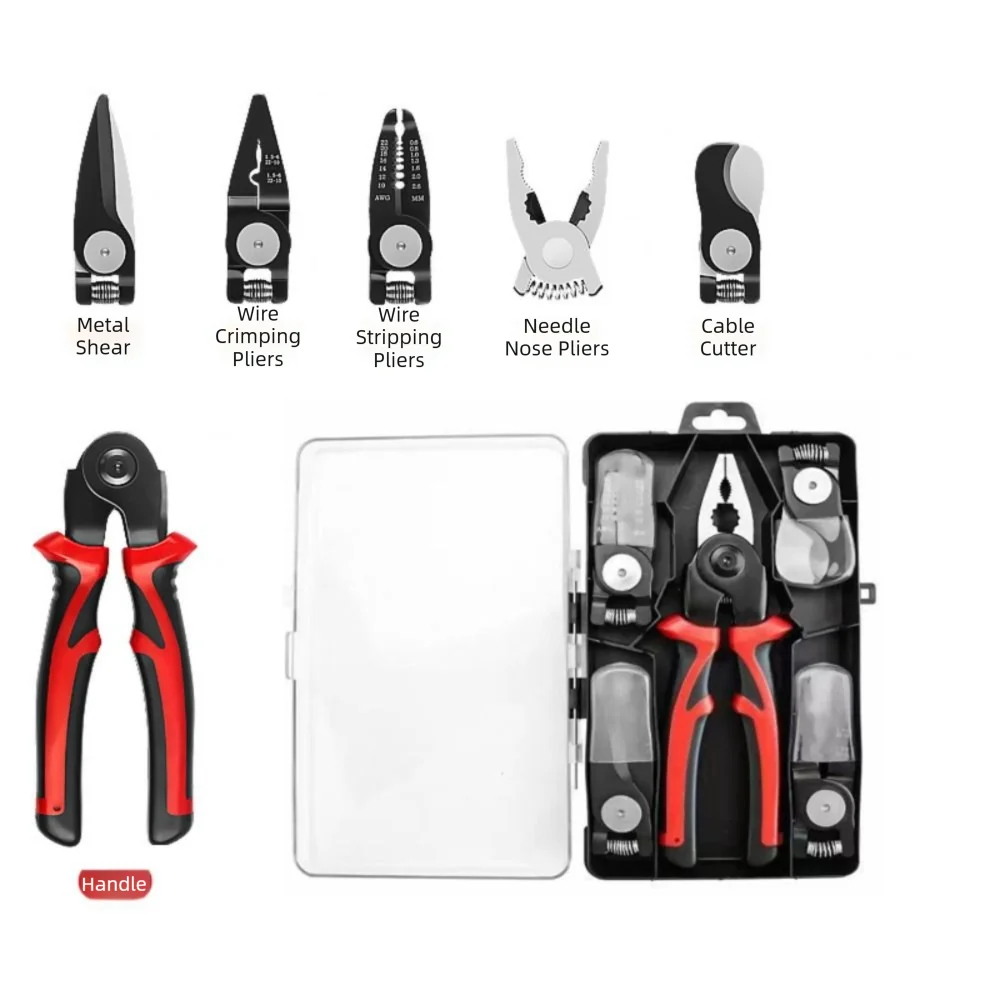 

5-in-1 Design Multi-functional Pliers Set Interchangeable Heads Multi-functional Replaceable Head Pliers Metal Construction