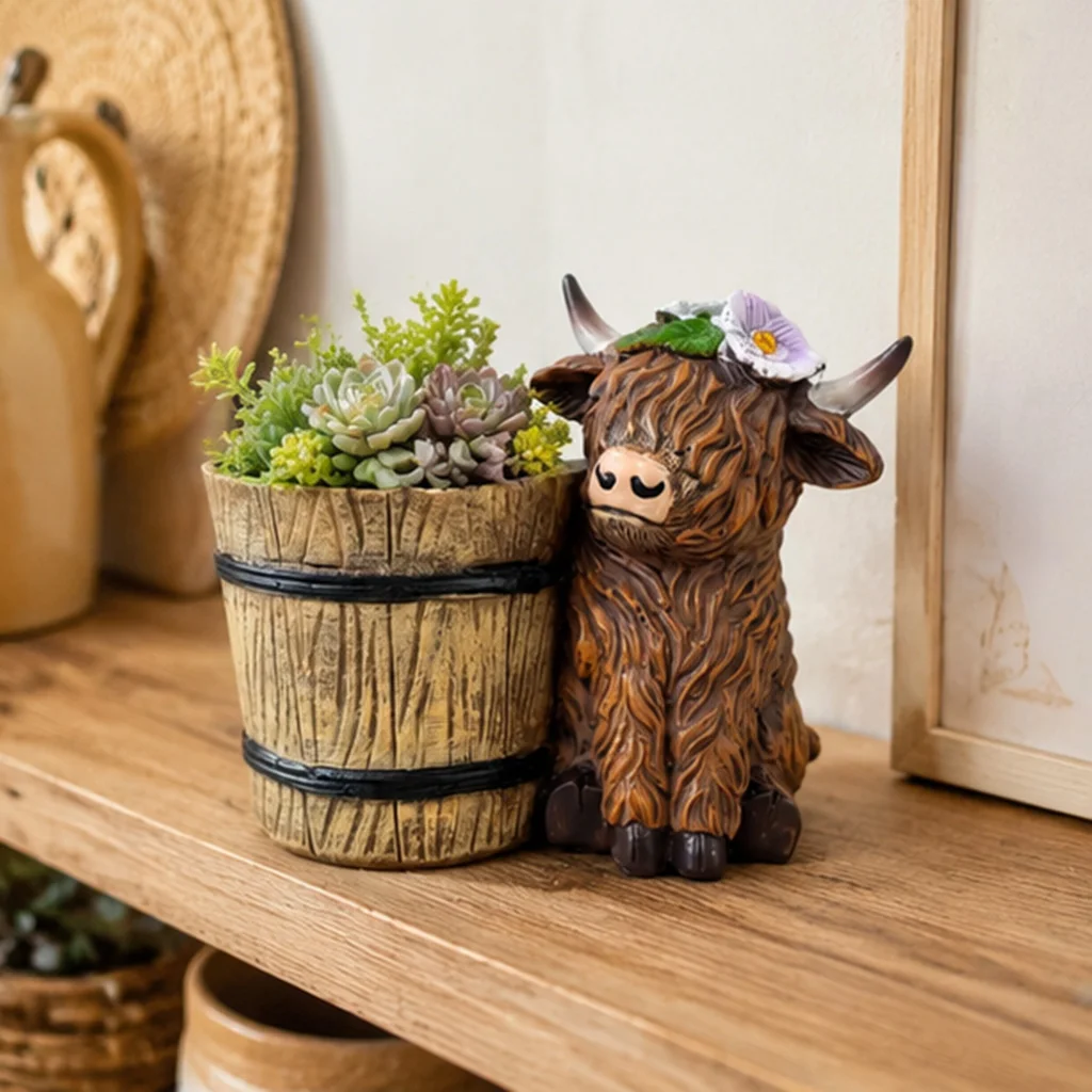 Highland Cow Planter Resin Succulent Pot Cute Animal Flower Pot Farmhouse Garden Decor Desk Plant Holder Home Decoration Gift