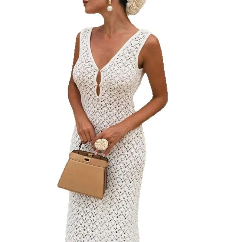 Einfarbig Hohl Gestrickte Strand Urlaub Kleid Elegante Ärmellose Dünne Cover-up Kleid Frauen Sexy Perspektive Bademode Kleid