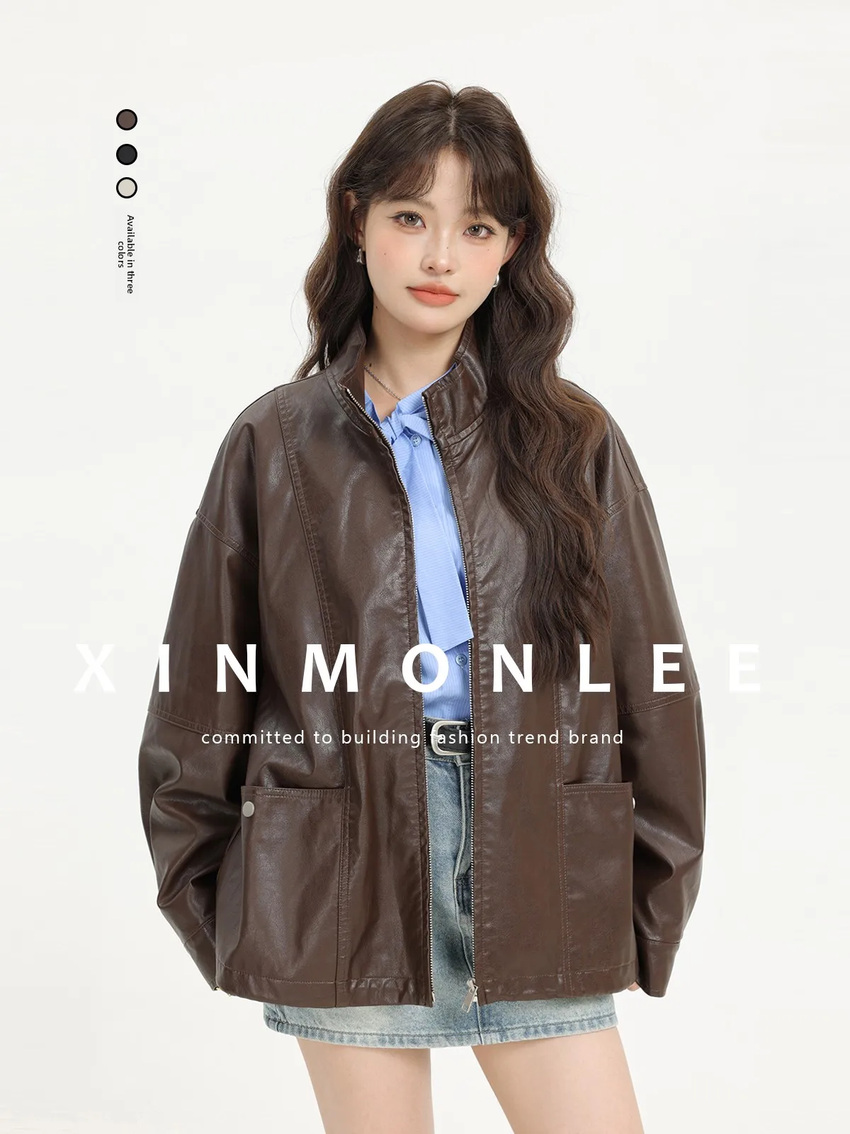 American Retro Casual Stand Collar Leather Jacket Motorcycle Clothes Outerwear Autumn High-End Loose Versatile Jacket
