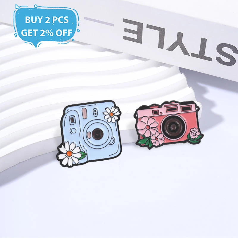 Cute Flower Camera Badge Cartoon Pink Blue Floral Enamel Pins Fashion Lapel Brooches Backpack Clothes Jewelry Gift for Friends