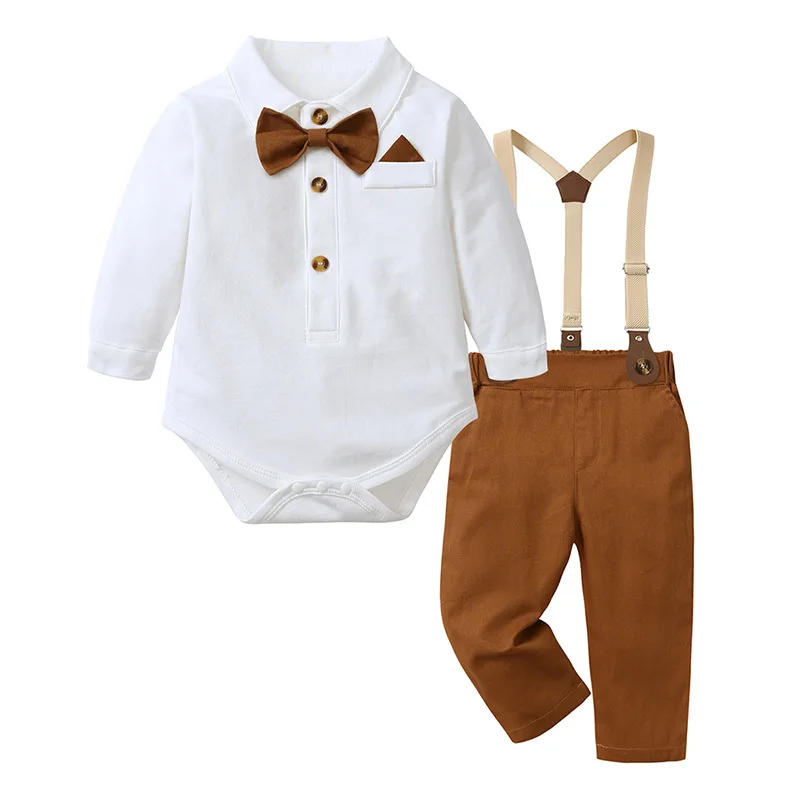 

2Pcs/Sets Children and Baby Clothing Spring Autumn Formal Attire For Boys Aged 0–3 Years Long Sleeves Shirt+Suspenders Trousers