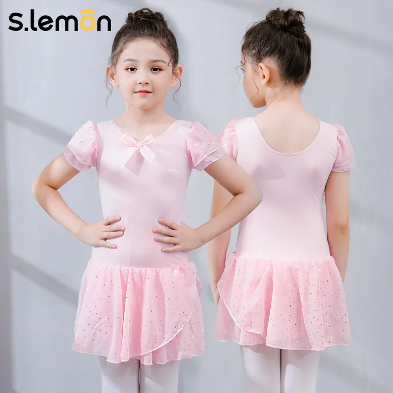 

Детское трико для балета и танцев S.lemon, блестящая шифоновая юбка, перуанский хлопок, с рюшами и рукавами, бантом, наряд для выступлений для девочек