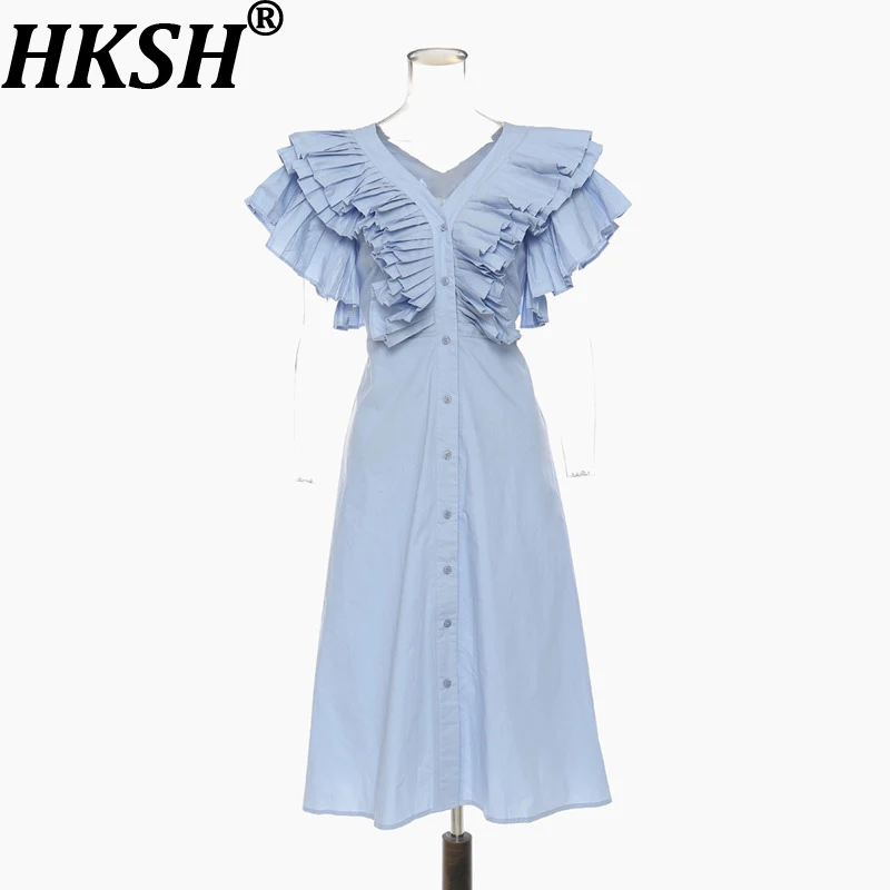 

Новое весеннее женское платье HKSH: элегантное, с рюшами, плиссировкой, V-образным вырезом, без рукавов, на пуговицах, с завышенной талией, А-силуэт, модель HK19473