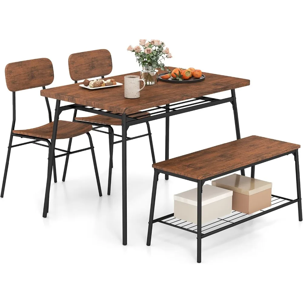 

Dining Table Set for 4, Square Kitchen Table & Chair Set w/Storage Rack, Metal Frame, Space-Saving Dinette Furniture Set with B