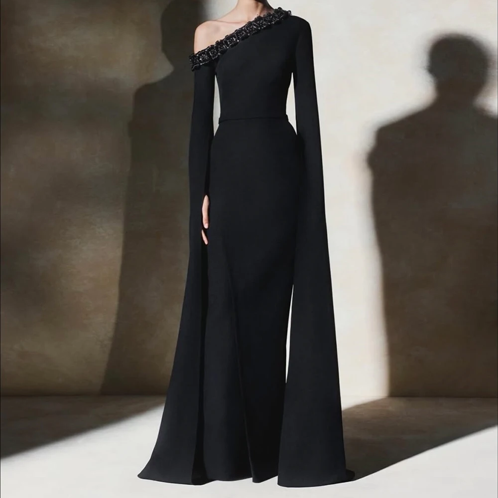 

Customized A-line Evening Dresses Floor-length One-shoulder Full Sleeve Prom Gown Simple Fashion Sequined Draped Party Gown