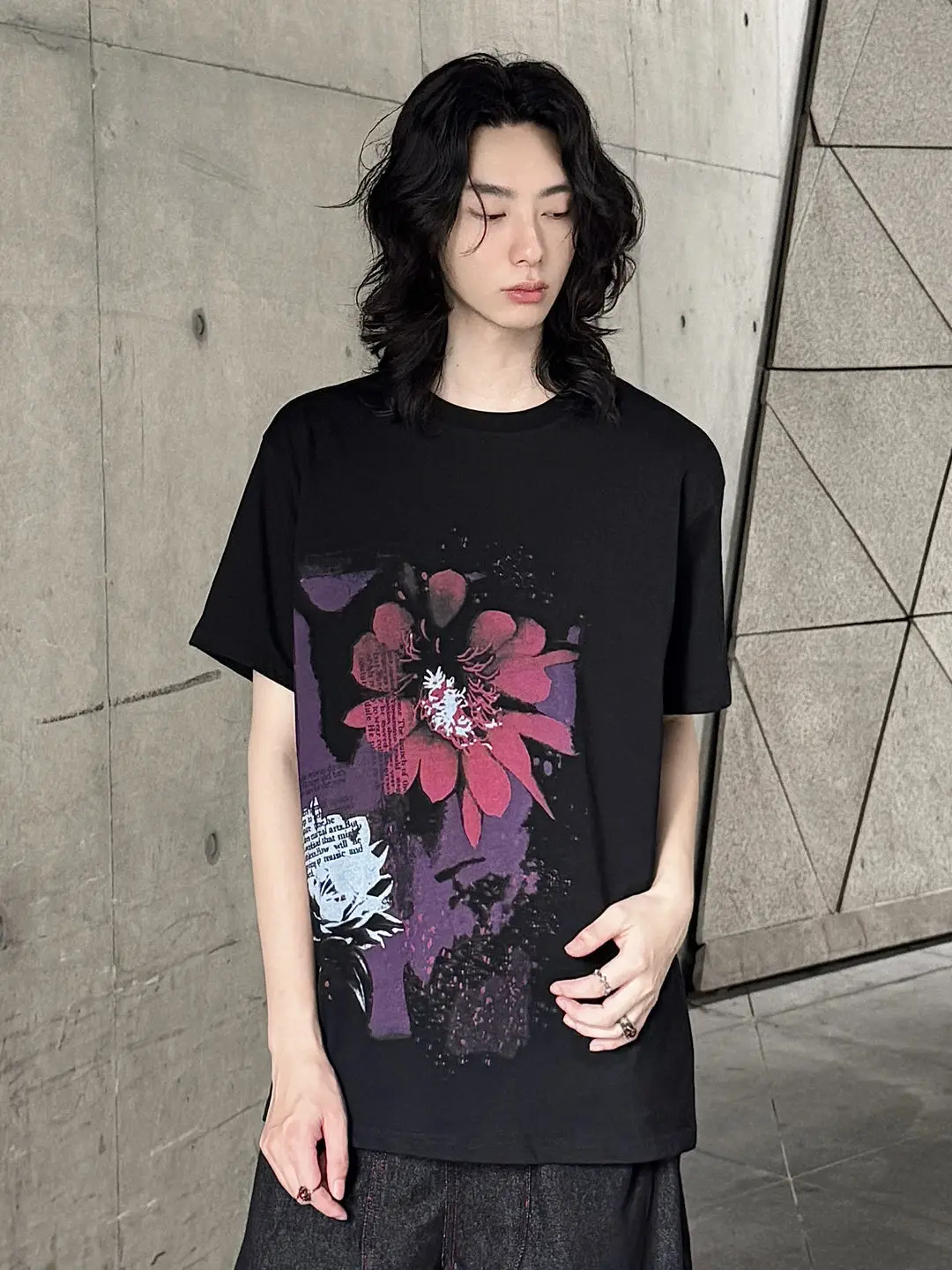 YAMAMOTO-Style T-shirt,HighQuality Dark Theme"Purple floral" Pattern Printed