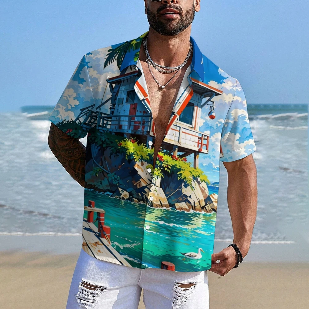 

Oceanic Tropical Vibes Hawaiian Shirt Beach-Ready Tropical Shirts Palm Tree & Hut Patterned Wear Adventure-Inspired Hawaiian Top