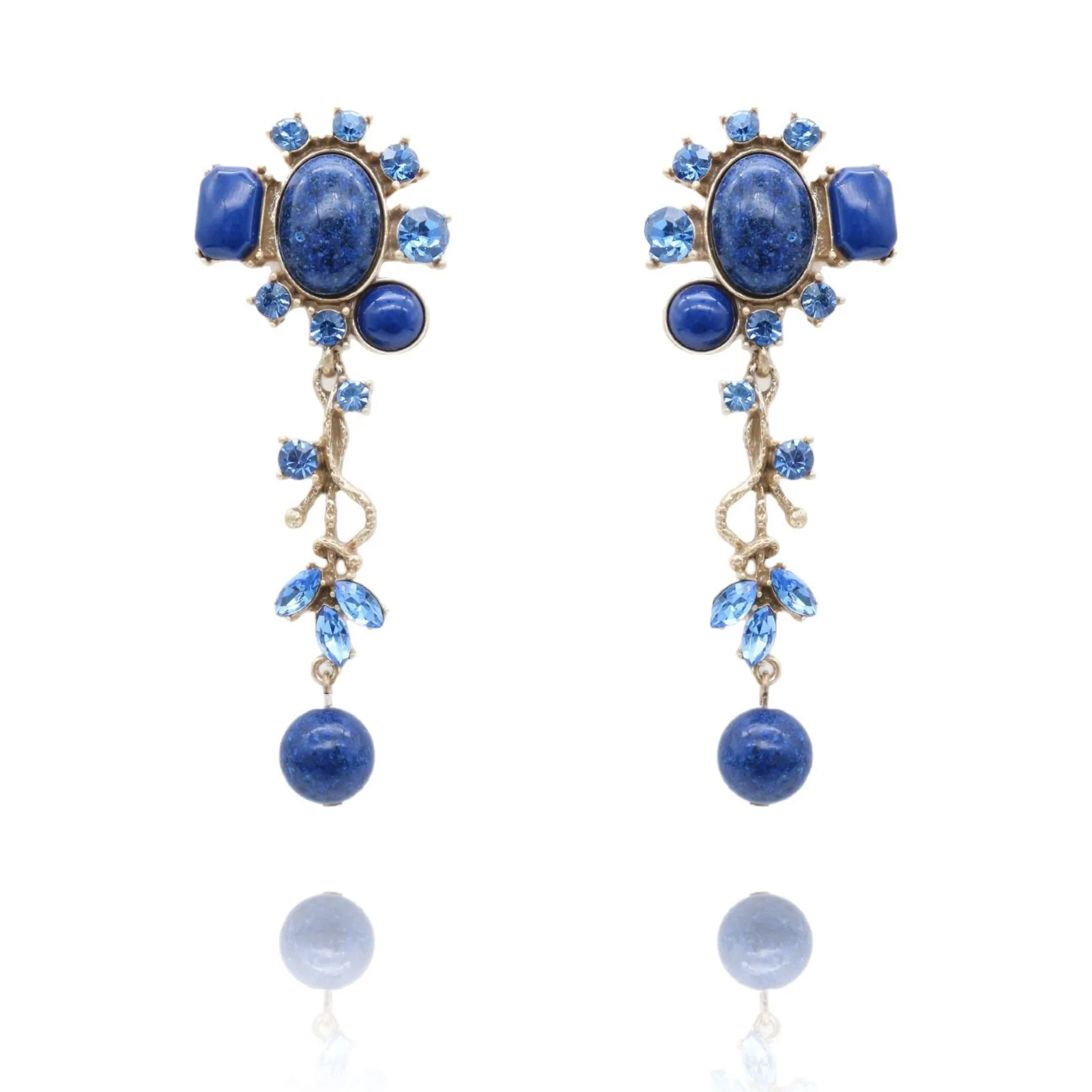 

Vintage Designer Sapphire Lapis Leaf Vine Drop Dangle Earring Floral Plant Blue Gems Stone Ear Buckle Stud Aquamarine Jewelry