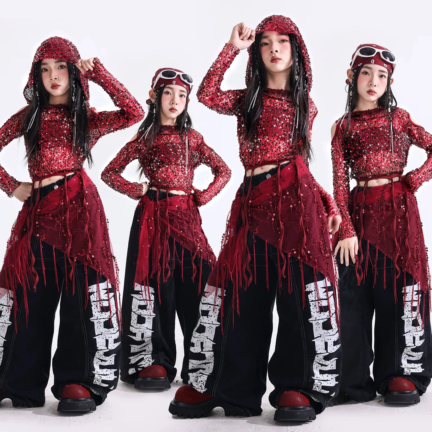 Girls Hip Hop Jazz Dance Outfit Sequin Hooded Red Top Wide Leg Pants Kids Kpop Performance Stage Costume Street Dance Wear 4381