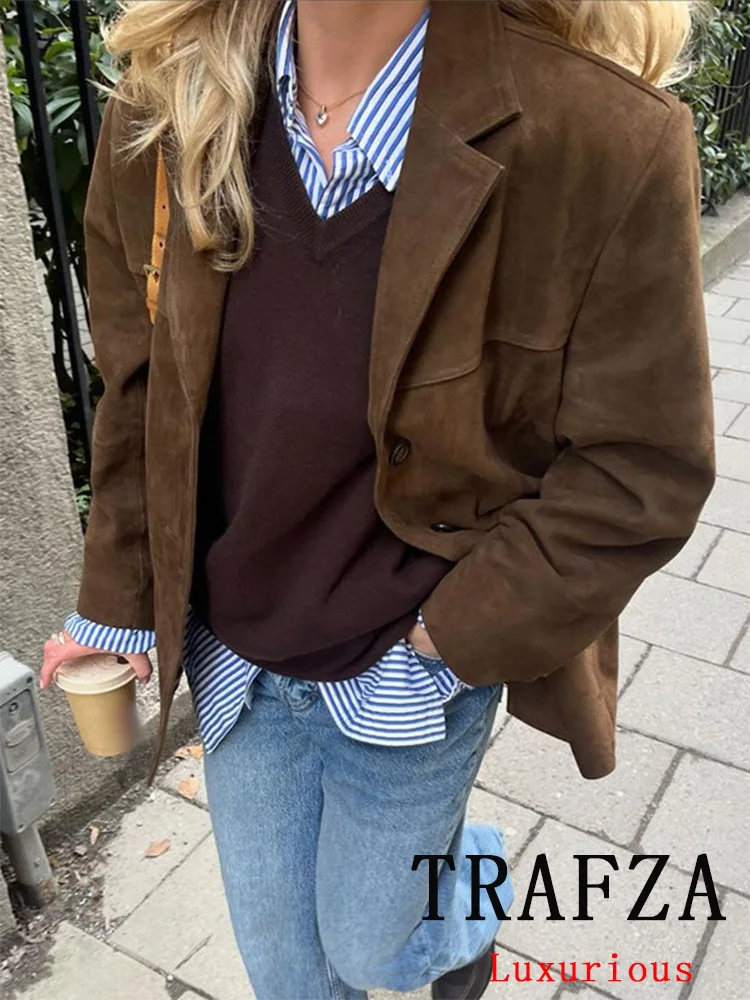 TRAFZA Vintage Casual Chic Women Jackets Solid Long Sleeve Pockets Single Breasted Loose Coats New Fashion 2024 Autumn Outwears