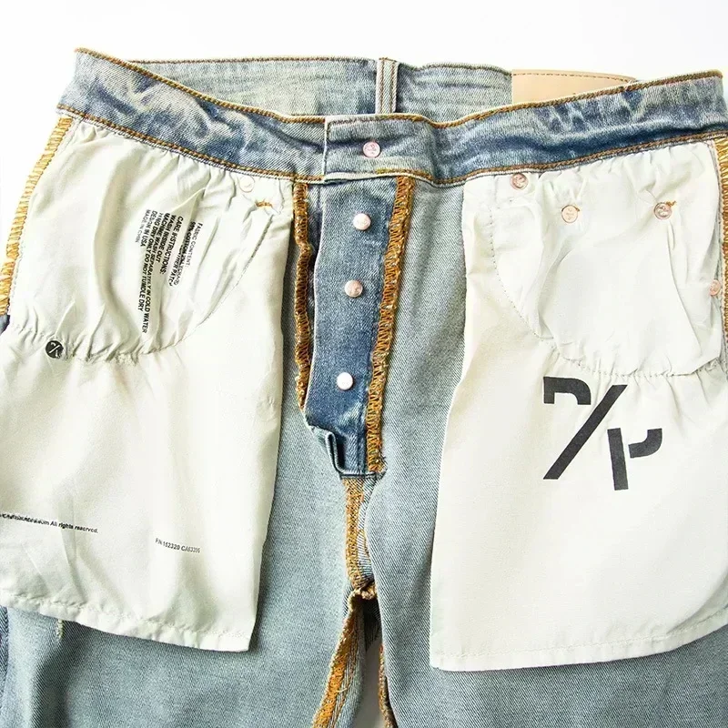 جينز أمريكي عالي الجودة للرجال هاي ستريت مع فتحات قذرة مغسولة ومرشعة بشكل مستقيم بنطال جينز أنيق ونحيف #6