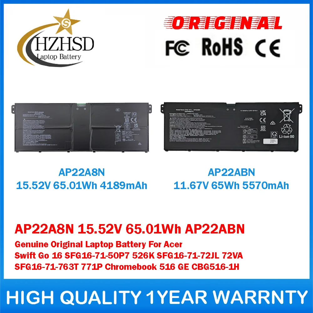 

AP22A8N 15.52V 65.01Wh AP22ABN 11.67V 65Wh Genuine Original Laptop Battery For Acer Swift Go 16 SFG16-71-50P7 SFG16-71-72JL 72VA