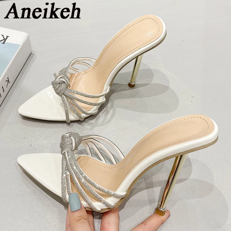 Aneikeh Silver Strap rhinestone heel Mules 2024 Spring New pointed end Sexy High Heel Thin Strap Woman Sandals Dinner Shoes