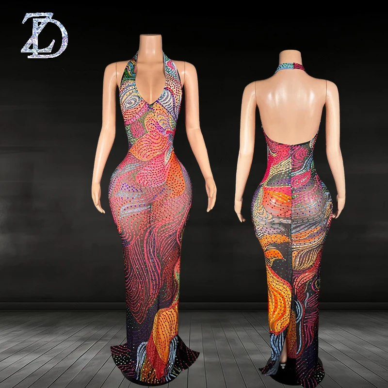 ZD Rhinestoens Damen-Kleid, ärmellos, sexy V-Ausschnitt, Netzstoff, durchsichtig, figurbetont, langes Kleid, Feiern, Nachtclub, Geburtstag, Outfit