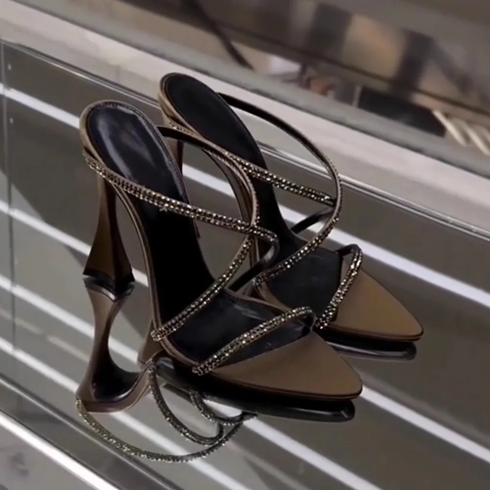 

Элегантные женские туфли-мюли на высоком каблуке с ремешком на щиколотке, украшенные стразами, черные, для улицы, подходят к юбкам, Zapatillas De Mujer Tacón