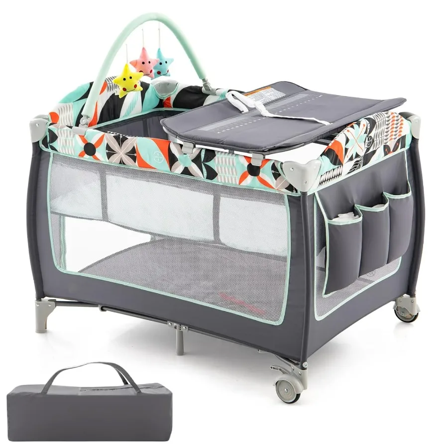 

4 in 1 Portable Baby Crib Playpen with Bassinet Changing Table Storage Bag Hanging Toys Mattress Foldable Nursery Center for In