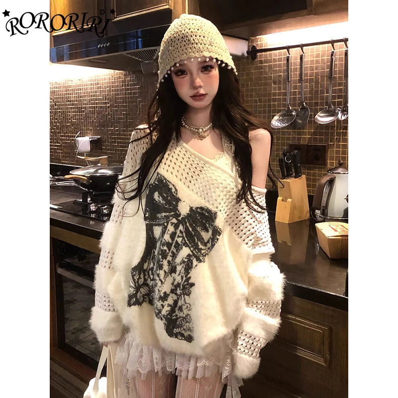 RORORIRI Women Slant Shoulder Hollow Stitch Mohair Sweater Y2k Bow Print Loose Pullover Shaggy Jumper Retro Fall Winter Clothes