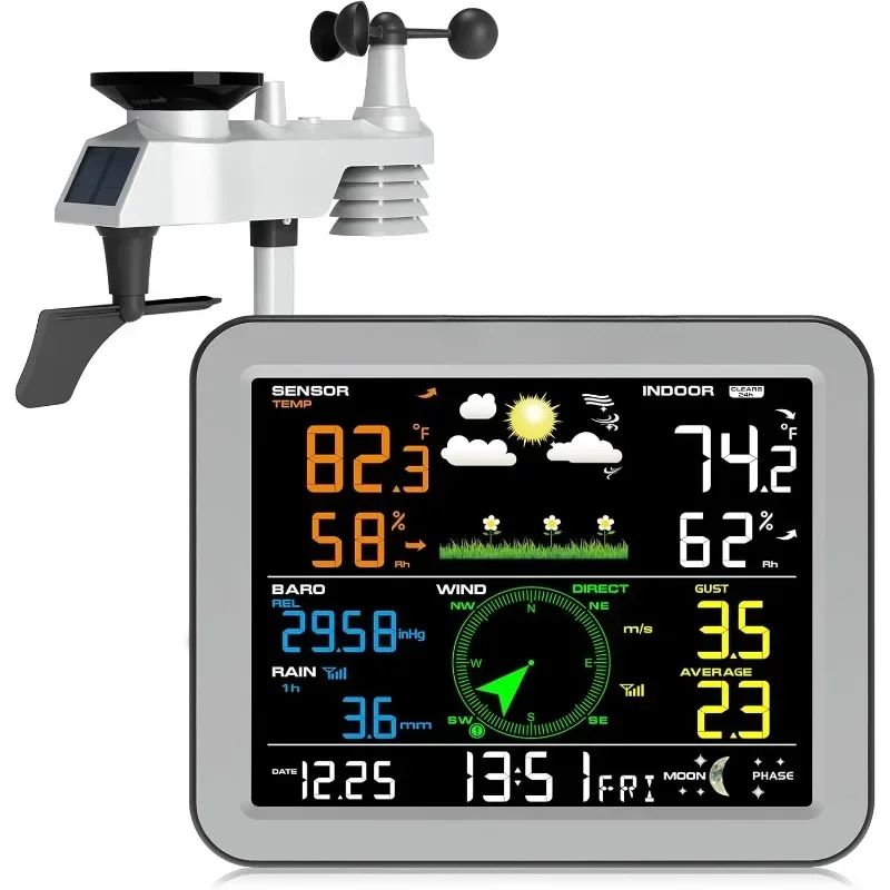 Wireless Weather Station with Rain Gauge and Wind Speed and Direction, Temperature and Temperature, Indoor and Outdoor